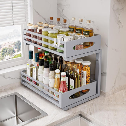 mixeshop Under Sink Organizer, 2 Tier Under Sink Organizers and Storage, Adjustable Height, Slide out Metal Cabinet Organizers, Pull out Cabinet Storage Drawer Shelf for Kitchen Bathroom (Black, 2)