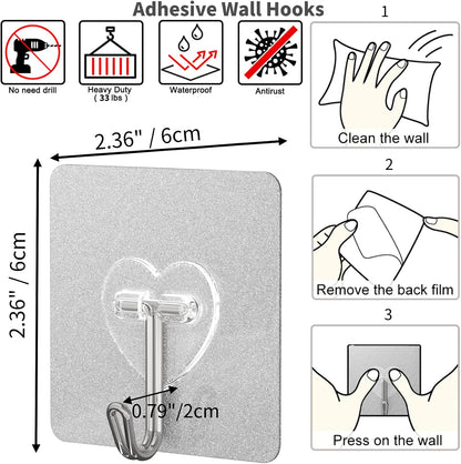 DGYB 20 Pcs Clear Adhesive Hooks for Hanging 22lb Self Adhesive Wall Hooks Heavy Duty Waterproof Transparent Sticky Hooks for Shower Home Bathroom Kitchen Office