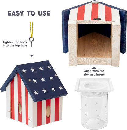 Carpenter Bee Trap for Outside - Best Bee Trap - Flag Cabin Style Nature Hanging Wood Carpenter Bee Traps Outdoor - Insect Traps with Removable Vault
