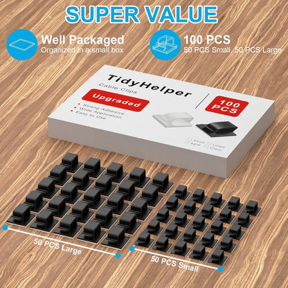 100 PCS Adhesive Cable Clips White (Small & Large), Upgraded Wall Wire Holder for Cord Organizer Cable Management, Outdoor Light Clips Hooks for LED, Car Dash Cam, HDMI, Extension Cord
