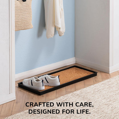 Anji Mountain Heavy Duty Waterproof Rubber Shoe Storage Mat Organizer/Boot Storage Tray Multi Use for Entryway with Coir, Tan Insert, Fits 4 Pair (46.5" Wide)