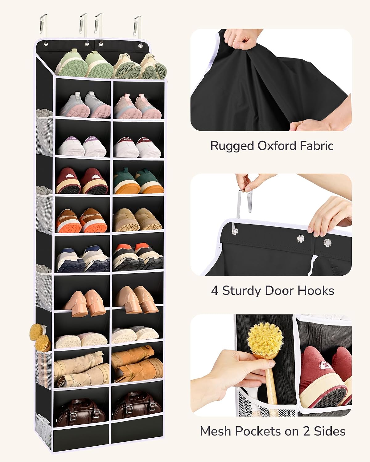 ULG Over The Door Shoe Organizer for Closet Fit 24-32 Pairs with Large Deep Pockets, Narrow Shoe Rack for Door Hanging Boots Storage, Black