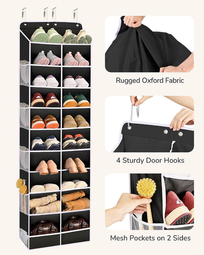 ULG Over The Door Shoe Organizer for Closet Fit 24-32 Pairs with Large Deep Pockets, Narrow Shoe Rack for Door Hanging Boots Storage, Black