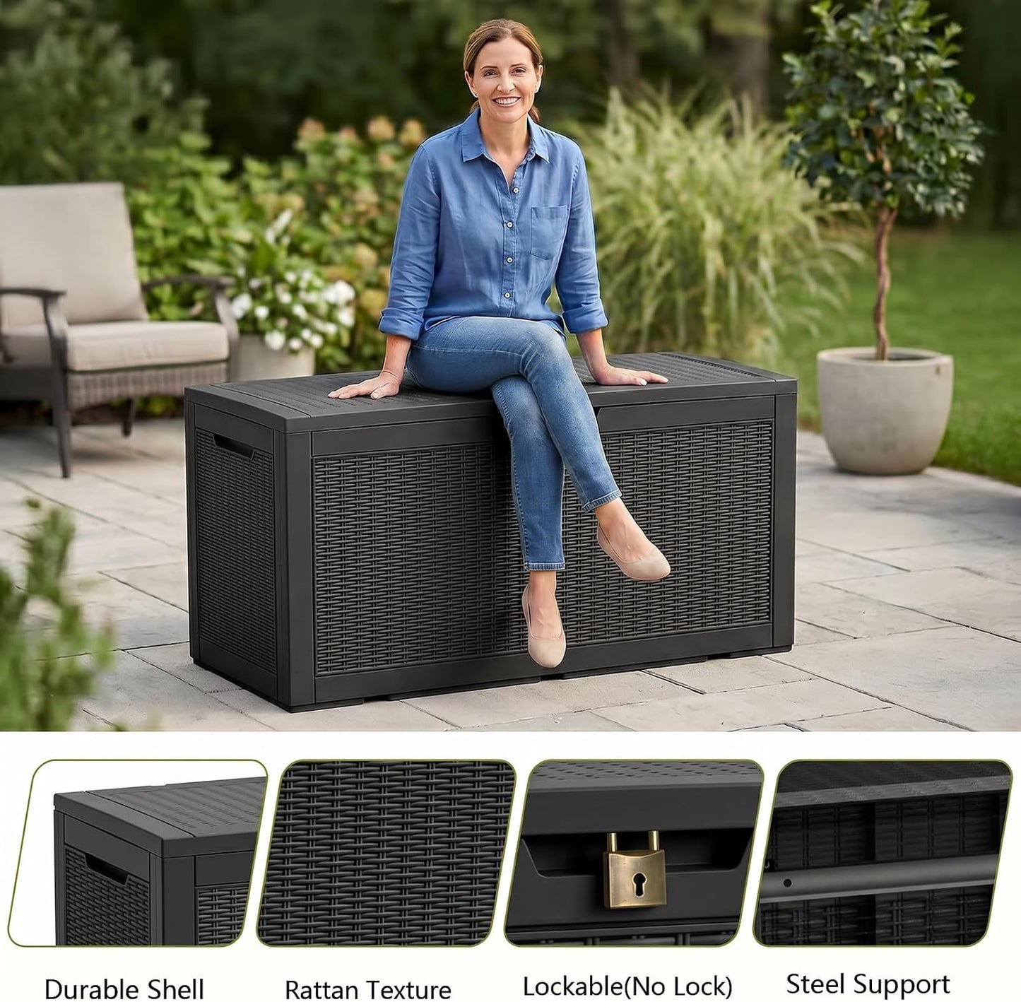 Waterproof Outdoor Storage Box Outside Deck Box Lockable Resin Bench UV Resistant Furniture Cushion Pool Tool Float Bin Patio Garden Porch (Black, 120 Gallon)