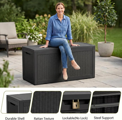 Waterproof Outdoor Storage Box Outside Deck Box Lockable Resin Bench UV Resistant Furniture Cushion Pool Tool Float Bin Patio Garden Porch (Black, 120 Gallon)
