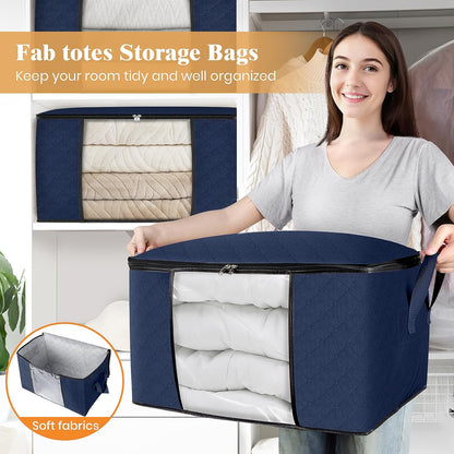 Fab totes 6 Pack Storage Bags for Clothes and Blanket, Foldable Closet Organizers and Storage with Zippers, Clear Window and Handles, Fabric Storage Bins for Sweater, Comforter, Bedding,Linen Sheets
