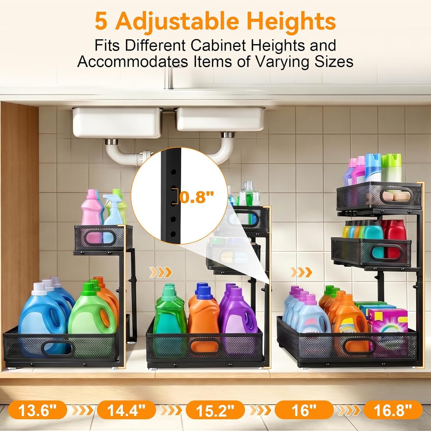 Under Sink Organizer for Bathroom, 3 Tier Adjustable Height Under Sink Storage, Sliding Pull Out Cabinet Organizer Shelf, Metal Multi-Purpose Cabinet Organizer for Kitchen (2 Pack, White)