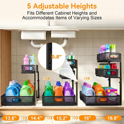 Under Sink Organizer for Bathroom, 3 Tier Adjustable Height Under Sink Storage, Sliding Pull Out Cabinet Organizer Shelf, Metal Multi-Purpose Cabinet Organizer for Kitchen (2 Pack, White)