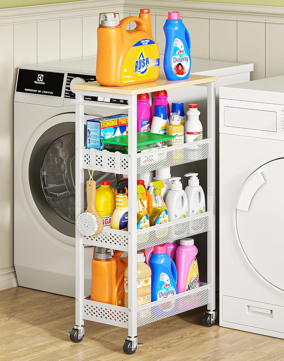 OKZEST Utility Slim Storage Cart, 4 Tier Small Rolling Kitchen Laundry Room Cart with Wood Top, Metal Narrow Bathroom Storage Cabinet Mobile Shelf Unit Organizer Trolley with Handle for Narrow Space