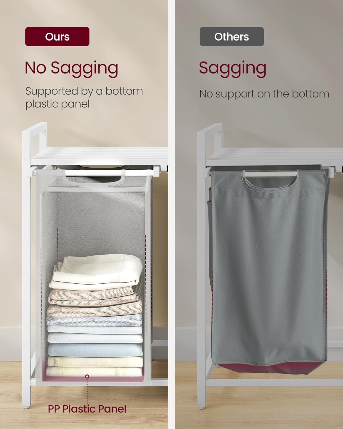 VASAGLE Laundry Hamper, Laundry Basket Sorter with 3 Pull-Out and Removable Bags, Shelf, Metal Frame, 3 x 10.6 Gallons (40 L), 36.4 x 13 x 28.4 Inches, Cappuccino Beige and Natural Beige UBLH301LH01