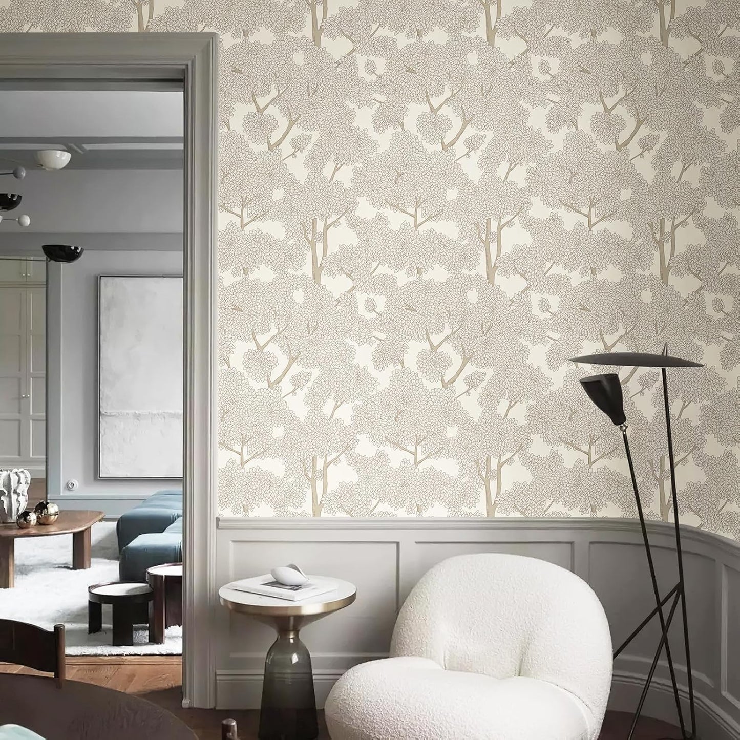 JiffDiff Tree Wallpaper Peel and Stick Jungle Wall Paper Forest Mural Stick on Wallpaper Modern Waterproof Self Adhesive Contact Paper (17.3" x 120" Cream)