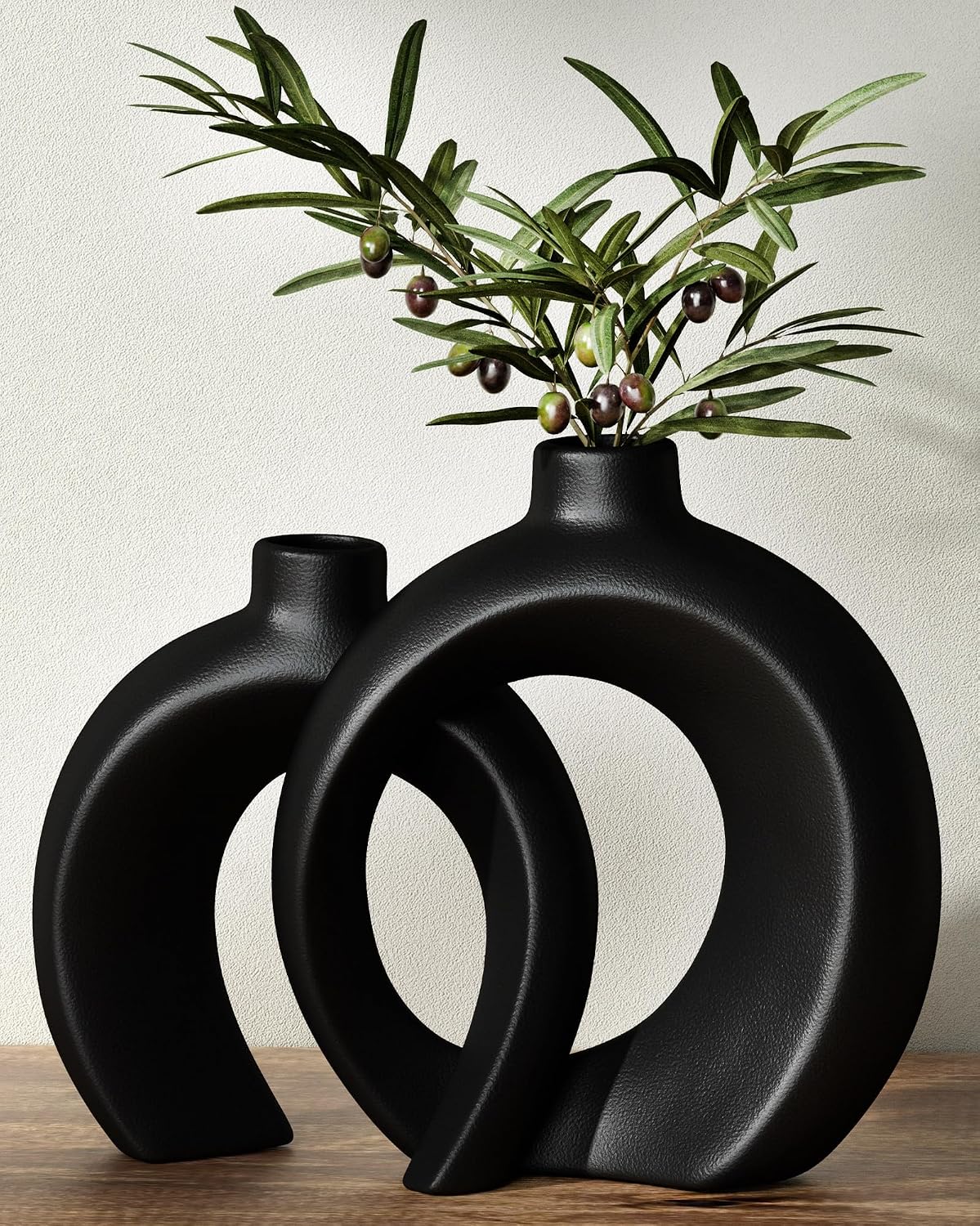 7.2″Hx8.9″H Donut Shape Decorative Vase Set of 2, Ceramic, Modern Minimalism Styles, Flowers or Plant Table Vases for Home Decor Living Room Shelf Entry Console Mantle Dining Centerpiece (Matte White)
