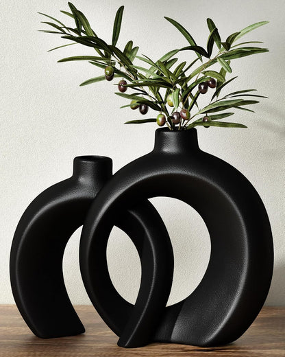7.2″Hx8.9″H Donut Shape Decorative Vase Set of 2, Ceramic, Modern Minimalism Styles, Flowers or Plant Table Vases for Home Decor Living Room Shelf Entry Console Mantle Dining Centerpiece (Matte White)