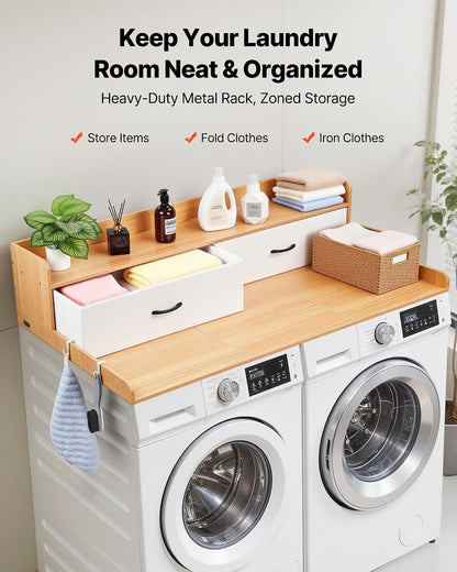 VEVOR Washer Dryer Countertop with 2-Tier Shelf, 54" x 27" Wooden Washer and Dryer Countertop with Anti-Slip Pads, Water-Resistant Laundry Topper Cover for Laundry Room Organization and Storage, Black