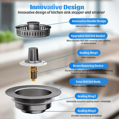 NinjaTiger Kitchen Sink Drain Strainer - 3-in-1 Stainless Steel Pop Up Sink Stopper Anti-Clogging Sink Strainer Basket Sink Drainer Filter Plug for US Standard 3-1/2'' Sink Drain | Gunmetal Gray