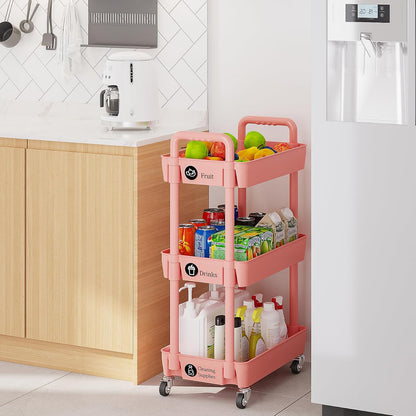 Laiensia 3-Tier Rolling Cart with Wheels,Multifunction Utility Storage Carts, Kitchen Storage Organizer,Mobile Shelving Unit for Bathroom,Laundry,with Classified Stickers,White