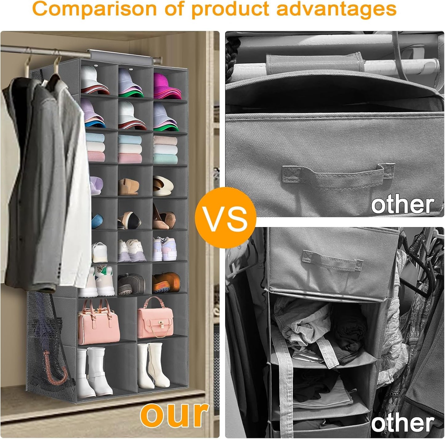 Hanging Shoe Organizer for Closet with 8 Shelves,Mesh Pockets-Wider Hanging Shelves for Shoes,Clothes,Hats with Sturdy Bamboo-Supported Design (Beige)