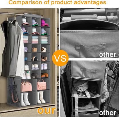 Hanging Shoe Organizer for Closet with 8 Shelves,Mesh Pockets-Wider Hanging Shelves for Shoes,Clothes,Hats with Sturdy Bamboo-Supported Design (Beige)