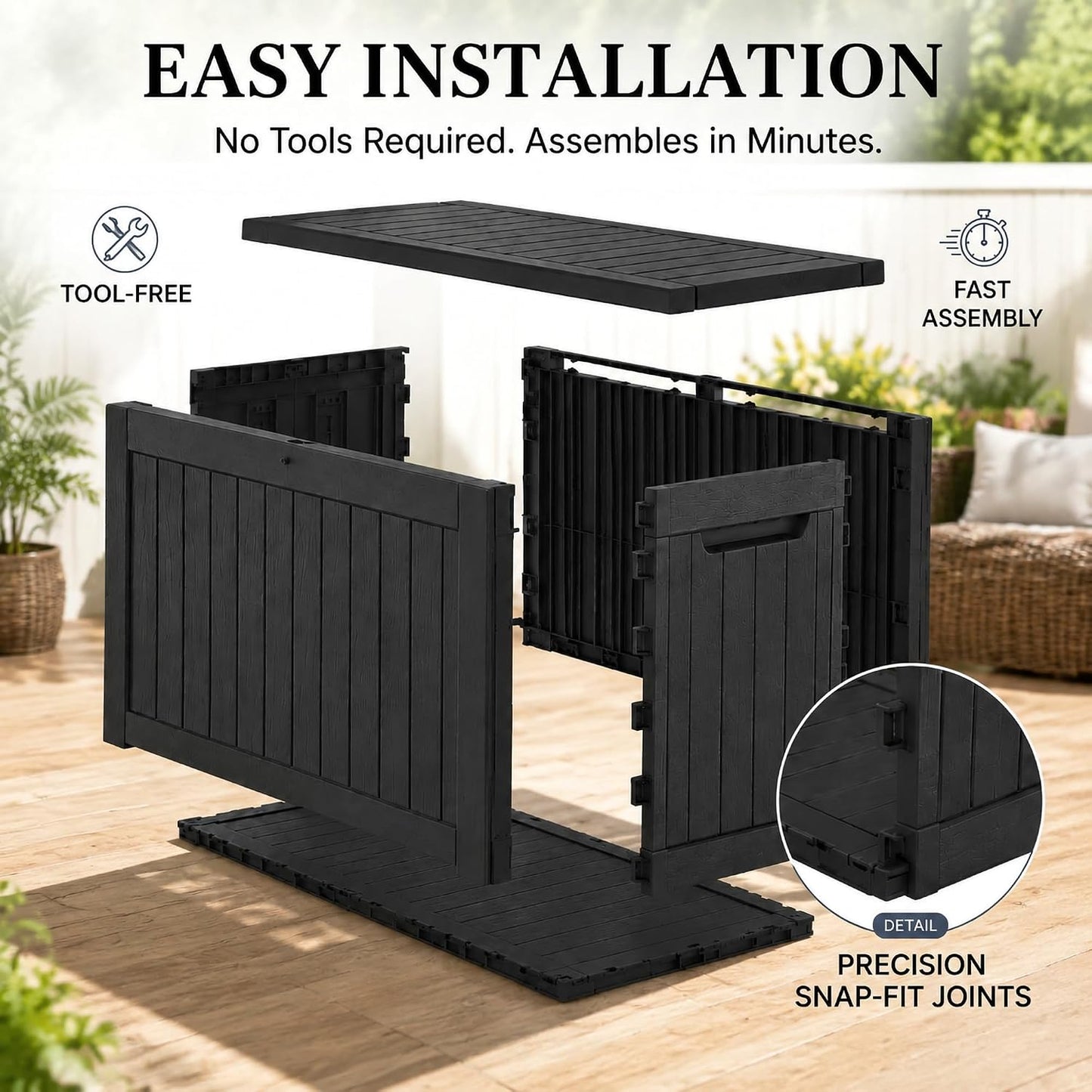 270 Gallon Lockable Resin Outdoor Storage Box, Waterproof & Weather Resistant Deck Box for Patio Cushion, Garden Tools & Pool Accessories, Black
