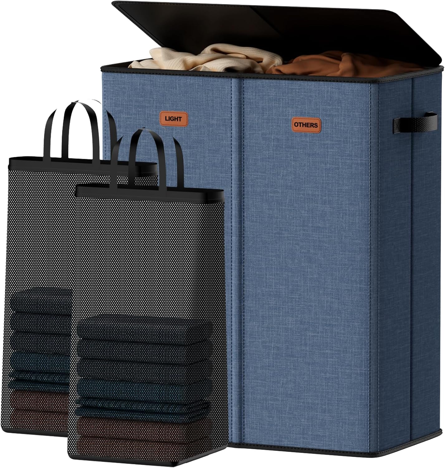 185L Laundry Hamper 3 Section, Laundry Hamper with Lid, Dirty Clothes Hamper with 3 Removable Washing Bags, Extra Large Laundry Basket Organizer for Bedroom, Laundry Room, Dorm - Black