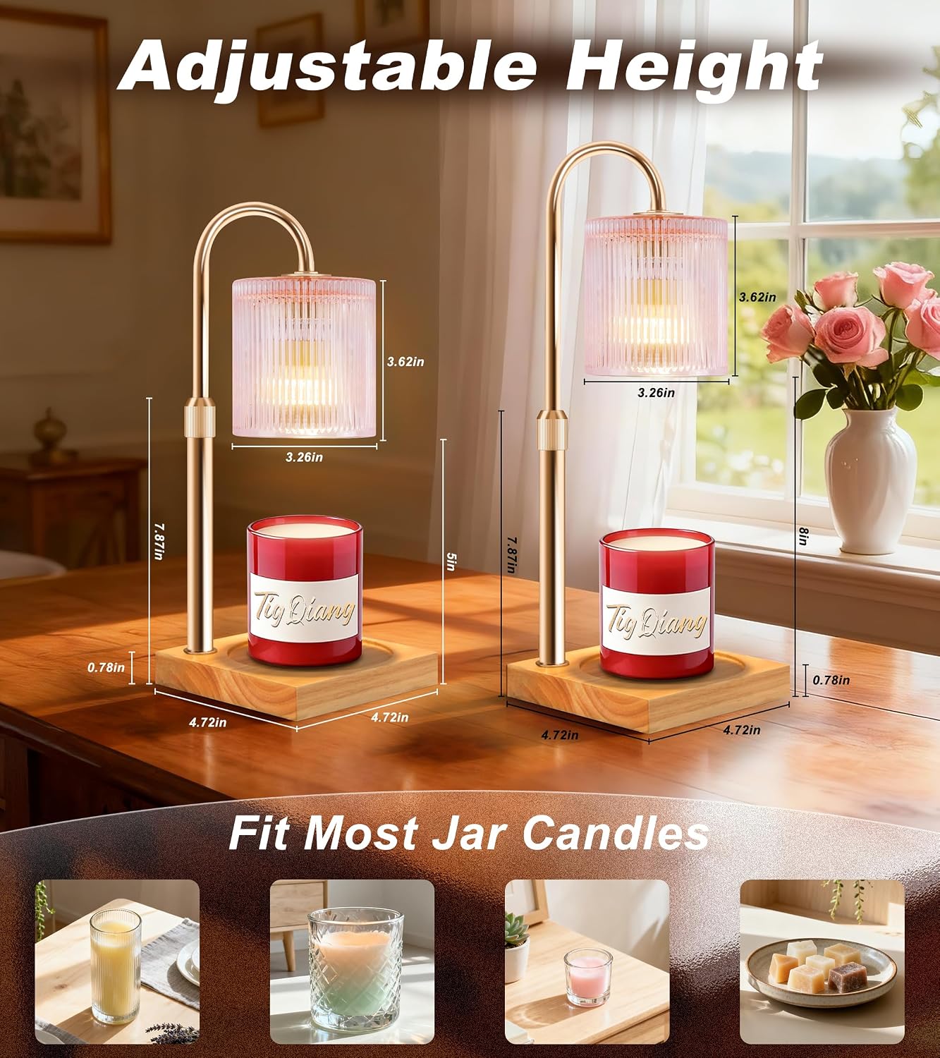 TigQiang Adjustable Height Candle Warmer Lamp, Candle Lamp Timer Dimmer 7 Levels, Compatible All Jar Candles, Top Melting, Cystal Candle Heater Lamp for Scented Wax, Elegant Home Decoration, Black