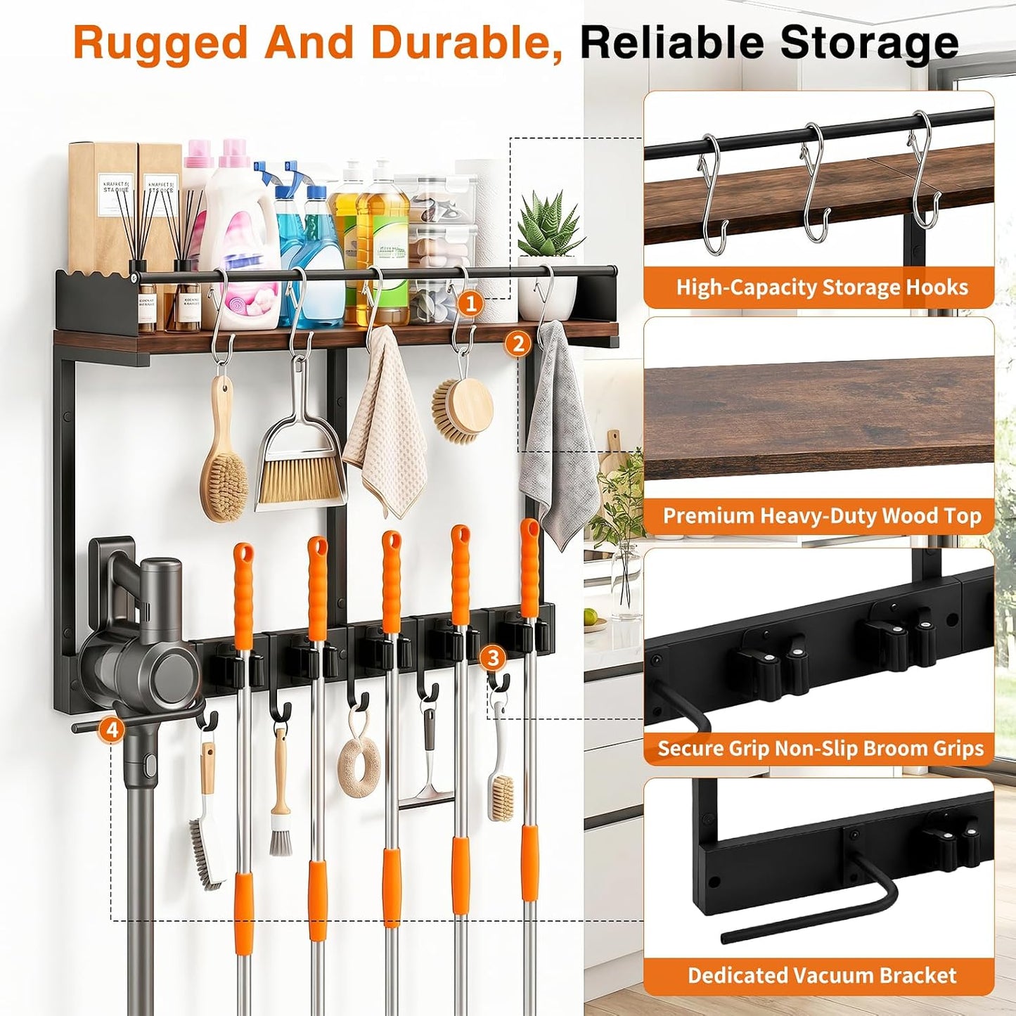 Broom Holder Wall Mount, Heavy Duty Broom and Mop Organizer Wall Hanging with Vacuum Stand, 5 Grippers & 10 Hooks, Utility Racks with Wood Shelf & Guard, Laundry Organization & Storage (S)