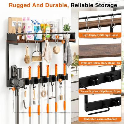 Broom Holder Wall Mount, Heavy Duty Broom and Mop Organizer Wall Hanging with Vacuum Stand, 5 Grippers & 10 Hooks, Utility Racks with Wood Shelf & Guard, Laundry Organization & Storage (S)