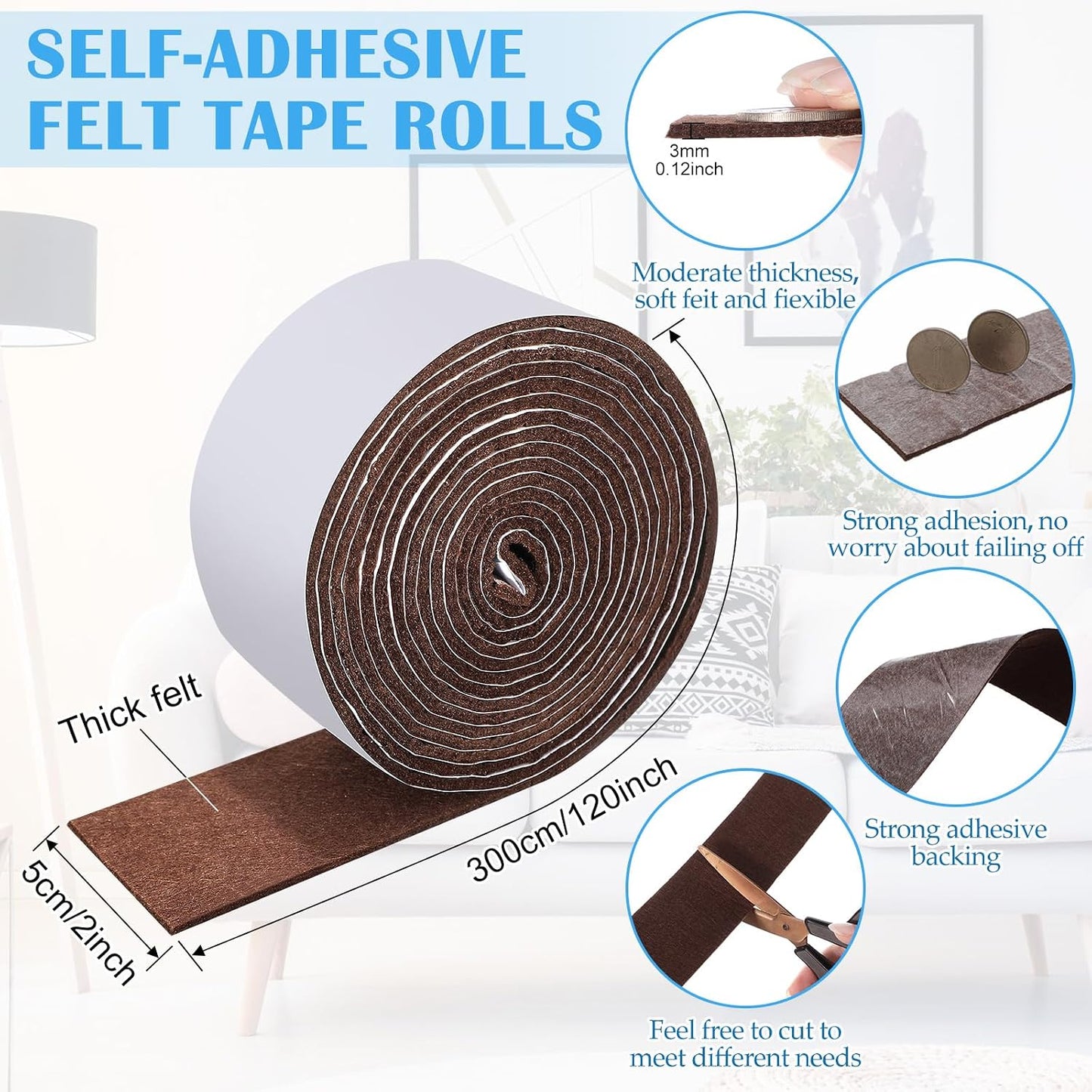 Zonon 4 Rolls 120 Inch Felt Strip with Adhesive Backing Felt Tapes Furniture Strip Rolls Self Stick Heavy Duty Polyester for Protecting Furniture and DIY Adhesive(Black,0.5 Inch)