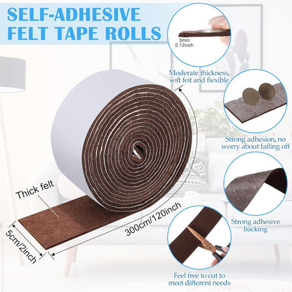Zonon 4 Rolls 120 Inch Felt Strip with Adhesive Backing Felt Tapes Furniture Strip Rolls Self Stick Heavy Duty Polyester for Protecting Furniture and DIY Adhesive(Black,0.5 Inch)