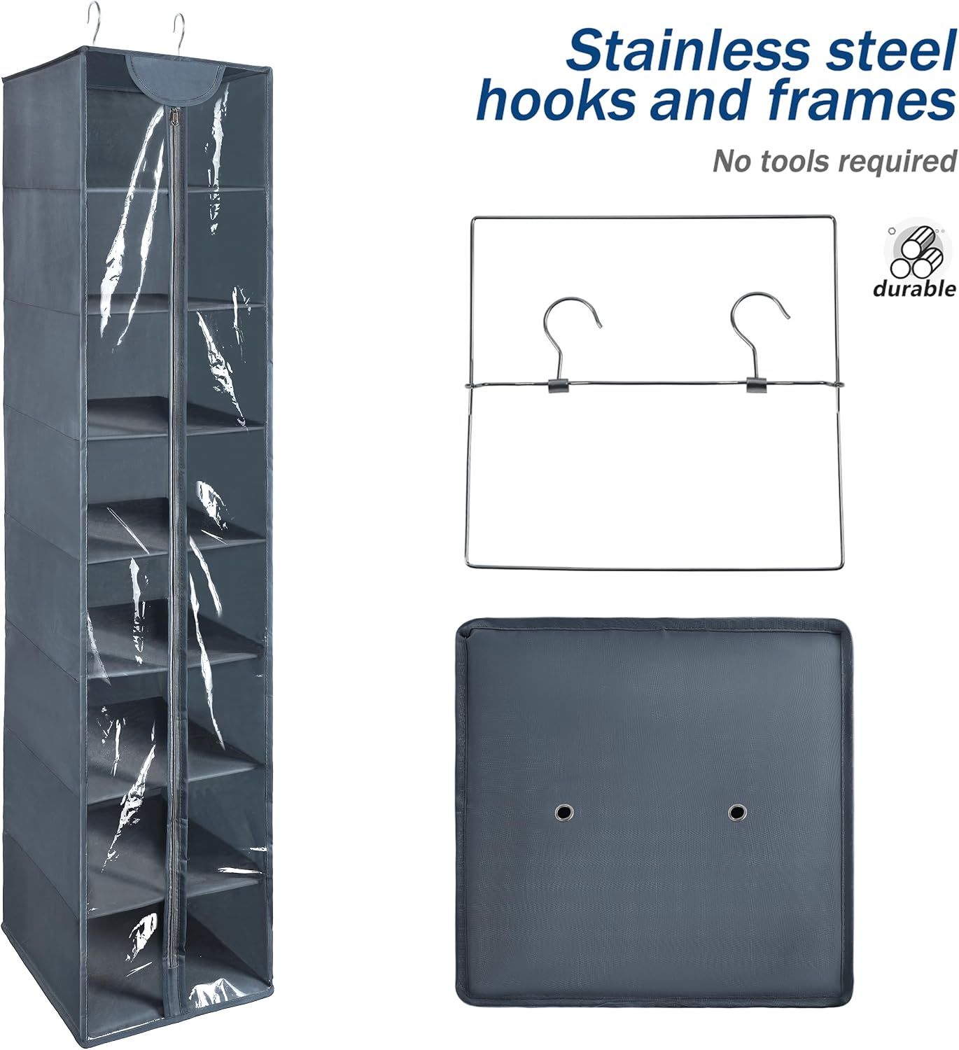 8 Tier Clear PVC Hanging Organizer With Zipper, Sweater Storage Shelves With Cover, Shoe Organizer for Closet, Black