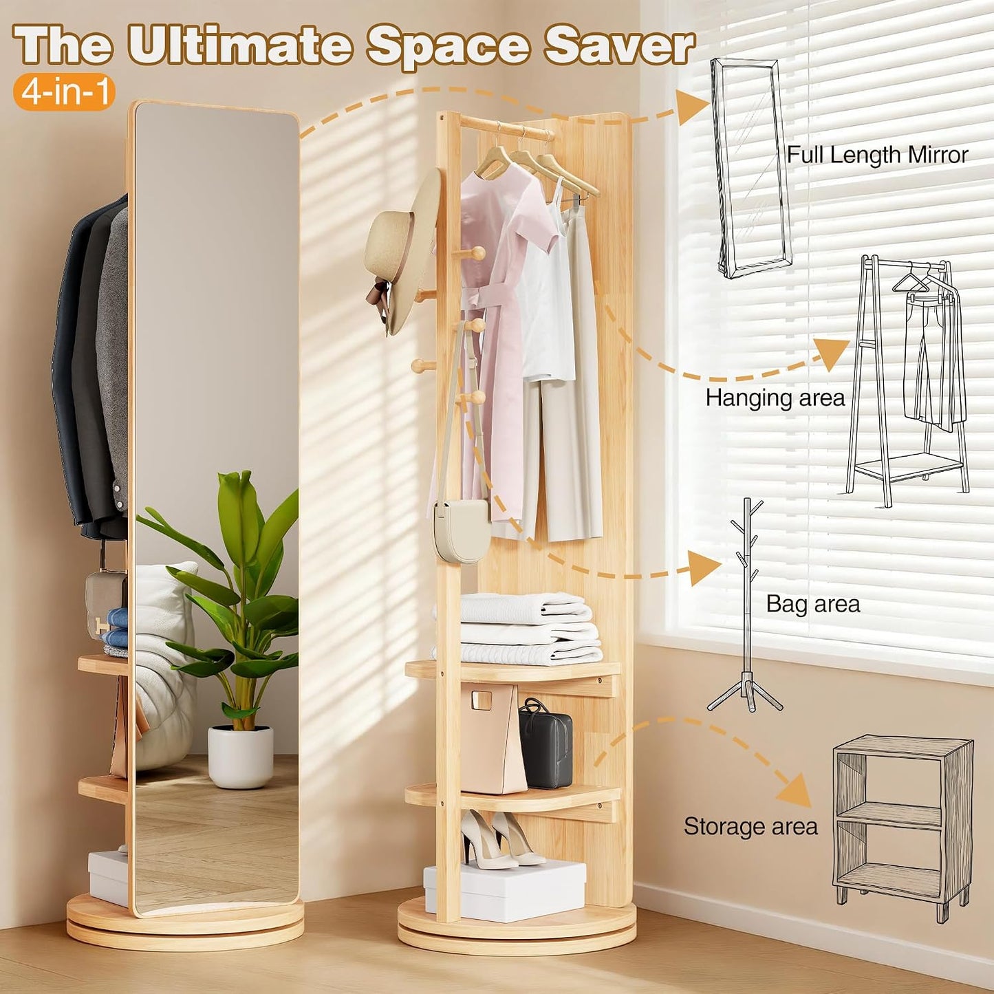 Full Length Mirror with Coat Rack & Storage, 360° Rotating Solid Wood Standing Floor Mirror with Shelves for Bedroom, Entryway, Dressing Room (Natural Wood, 66" x 18")