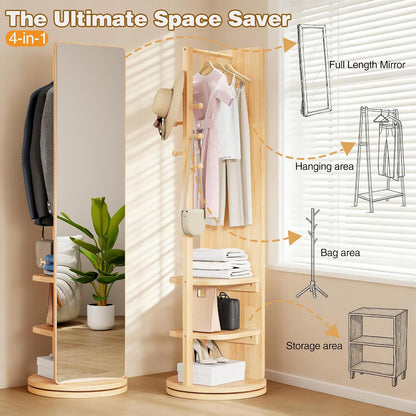 Full Length Mirror with Coat Rack & Storage, 360° Rotating Solid Wood Standing Floor Mirror with Shelves for Bedroom, Entryway, Dressing Room (Natural Wood, 66" x 18")