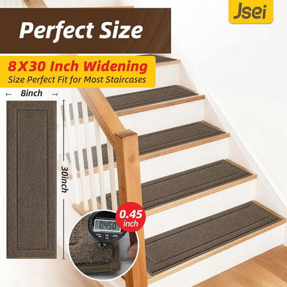 JSEI Stair Treads for Wooden Steps Indoor, 15-Pack Non Slip Stair Treads 30" x 8", Washable Polyester Stair Mats with TPE Backing, Low Profile Stair Rugs for Kids, Seniors and Dogs, Brown