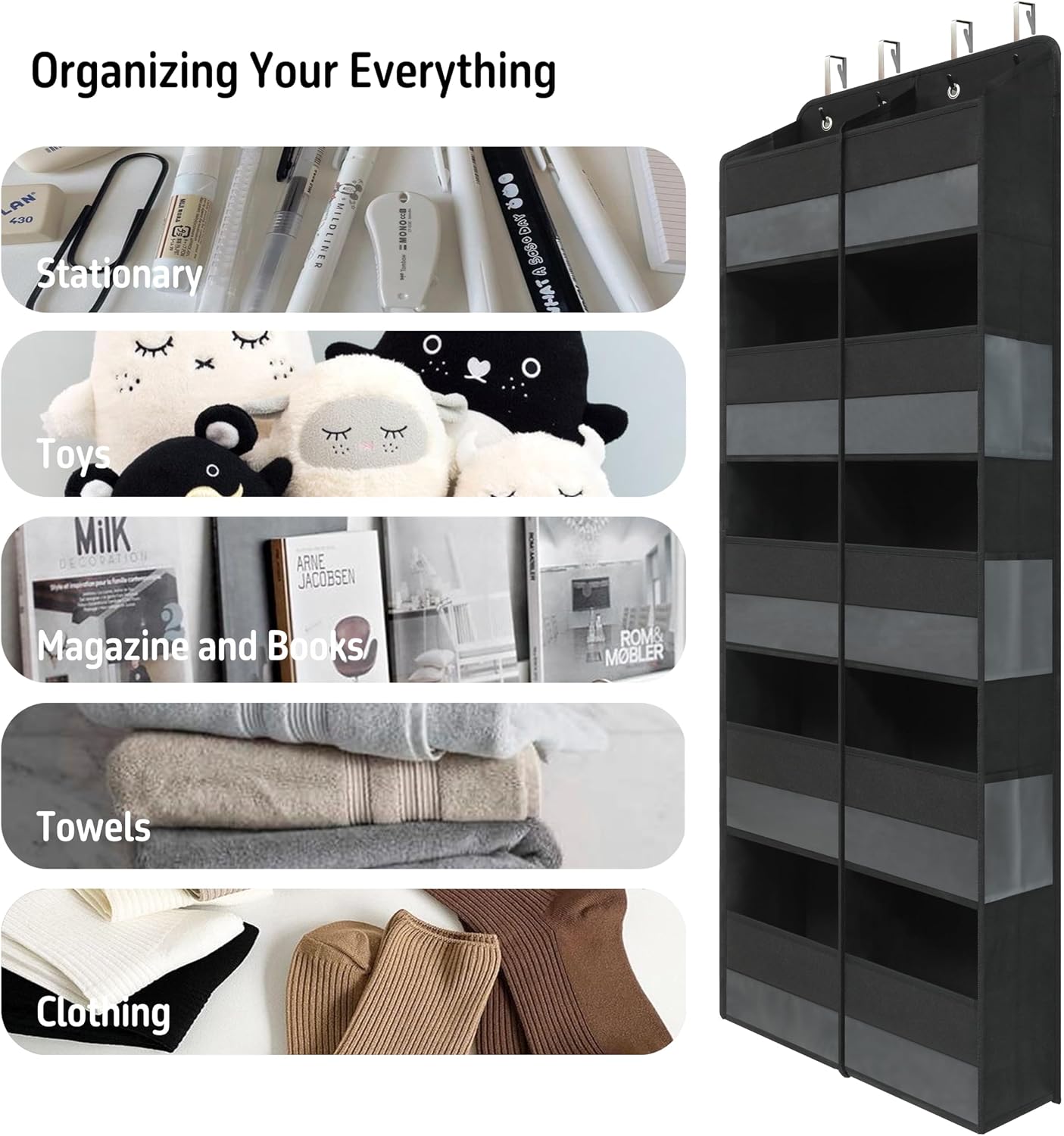 Giraffe Creation Black Over Door Organizer with 10 Large Clear Pockets, Double-Row Hanging Door Storage for Closet, Bathroom, Nursery, Bedroom, Dorm, Toys, Cosmetics, Baby Essentials
