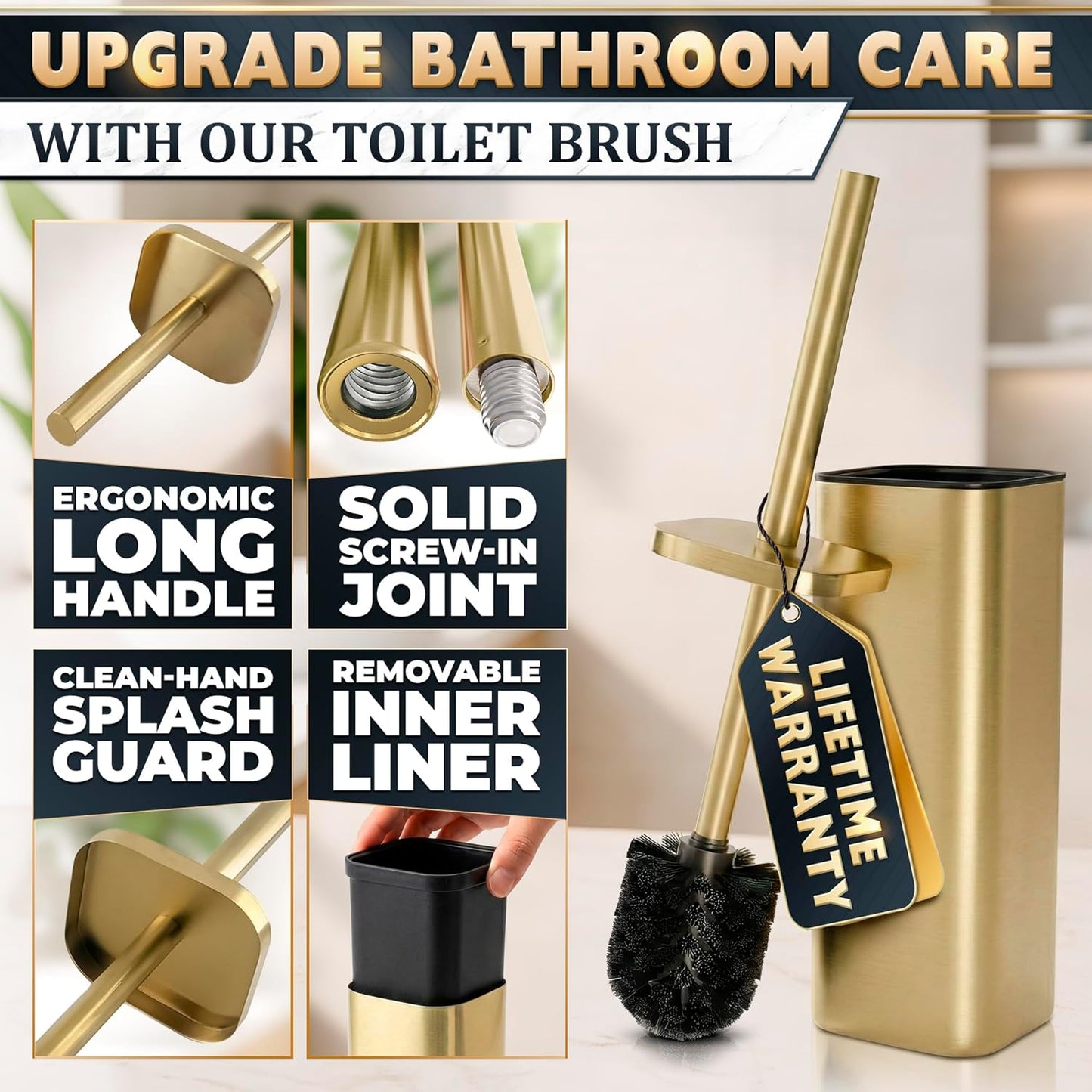 Black Toilet Brush and Holder Set - Slim Matte Design that Fits Anywhere - Stainless Steel Toilet Bowl Brush and Holder with 2 Rounded Corners, Replaceable Head, Removable Inner Bowl & Splash Guard