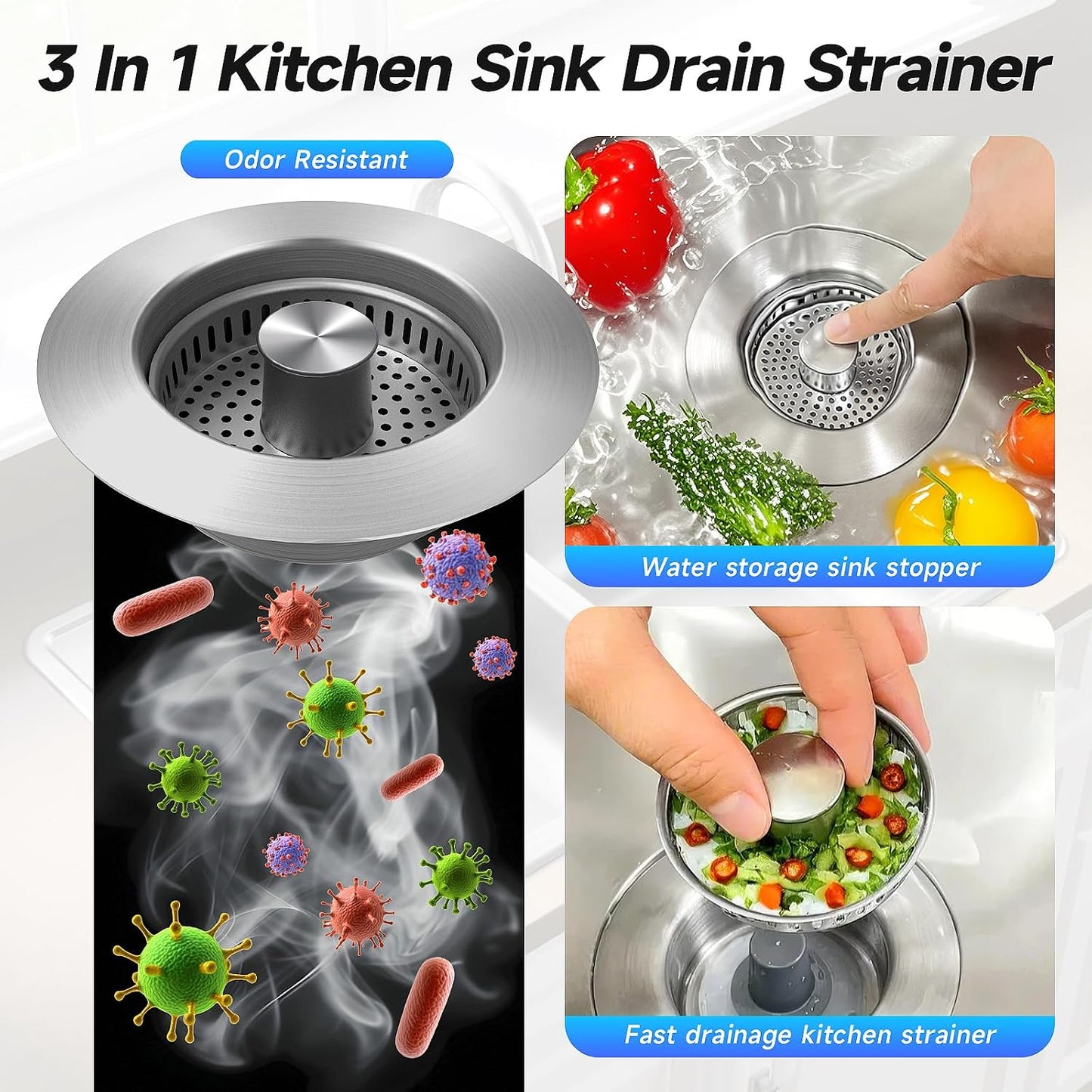 ULIOLI 3 in 1 Kitchen Sink Drain Strainer Sink Stopper, Stainless Steel Sink Drain Strainer with Anti-Clogging Basket, Kitchen Sink Drain Filter Plug for US Standard 3-1/2 Inch Drain (1Pack)