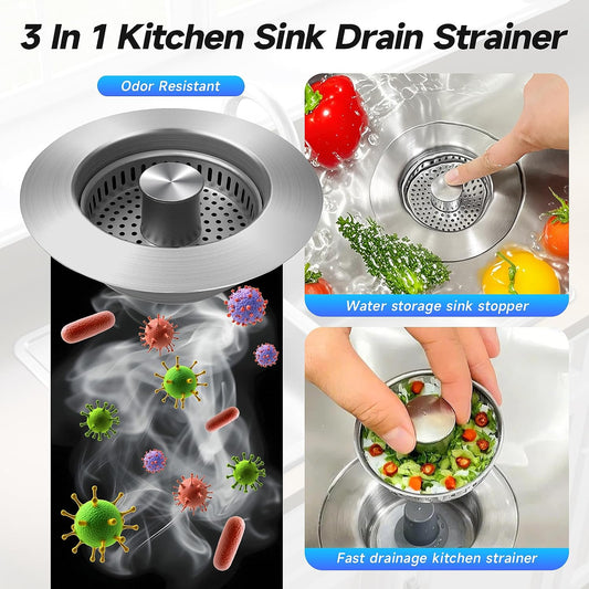 ULIOLI 3 in 1 Kitchen Sink Drain Strainer Sink Stopper, Stainless Steel Sink Drain Strainer with Anti-Clogging Basket, Kitchen Sink Drain Filter Plug for US Standard 3-1/2 Inch Drain (1Pack)
