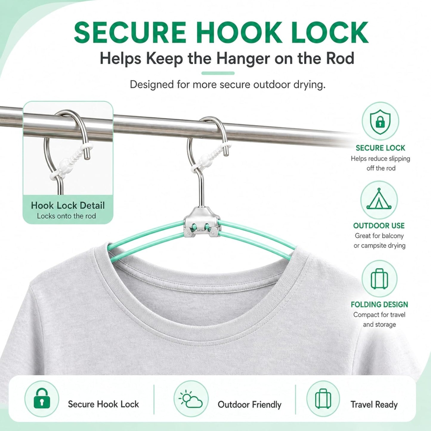 ROOM127 Travel Hangers with Clips, 5 Pack Foldable Stainless Steel Hangers | Windproof Non-Slip Portable Clothes Hangers for Cruise, Camping, RV, Hotel, Suitcase, Silver