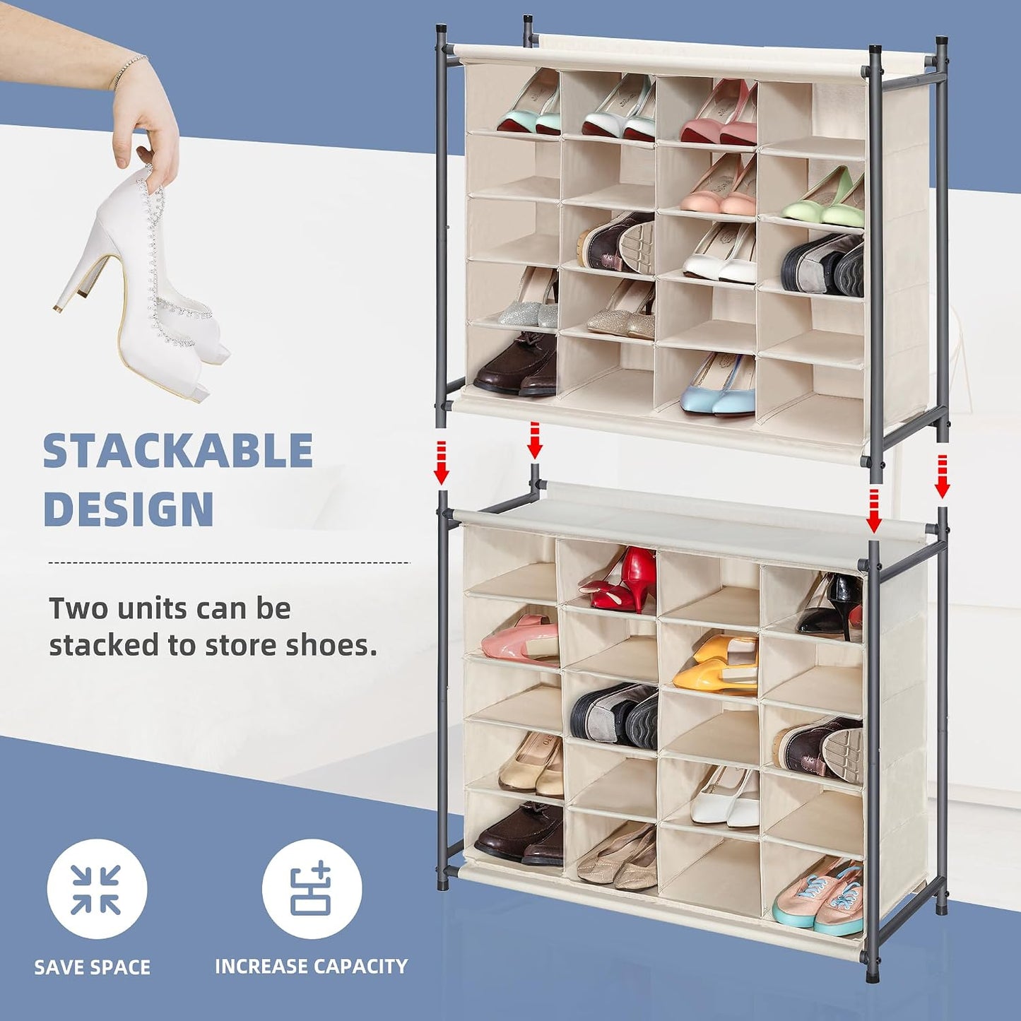 STORAGE MANIAC Stackable Shoe Cubby Organizer, Free Standing Shoe Cube Rack for Entryway, Bedroom, Apartment, Closet, 20-Cube Gray