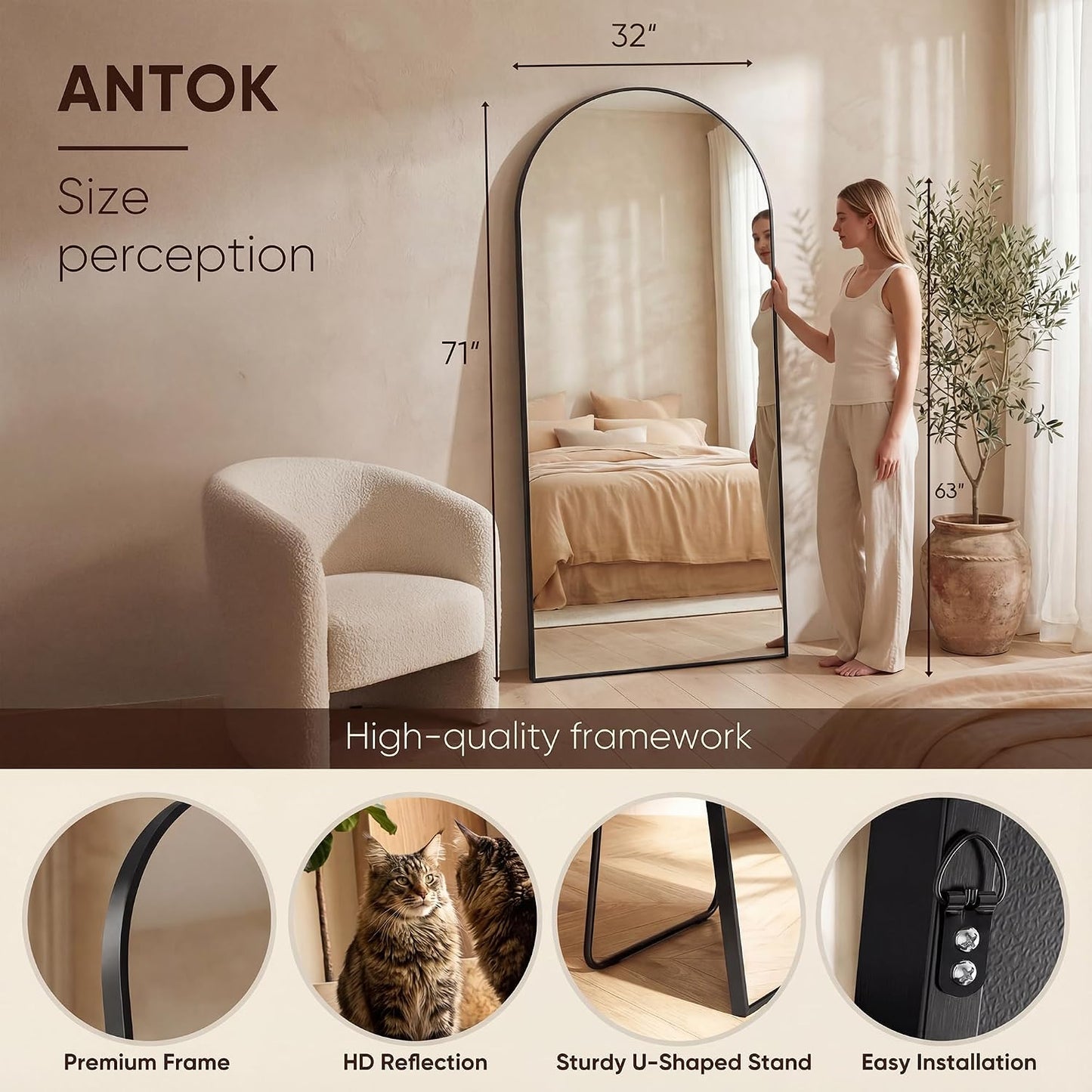 Antok 58" x19” Arched Full Length Floor Mirror, Gold Aluminum Frame, Free Standing/Wall Mount/Leaning for Bedroom, Living Room, Dressing Room