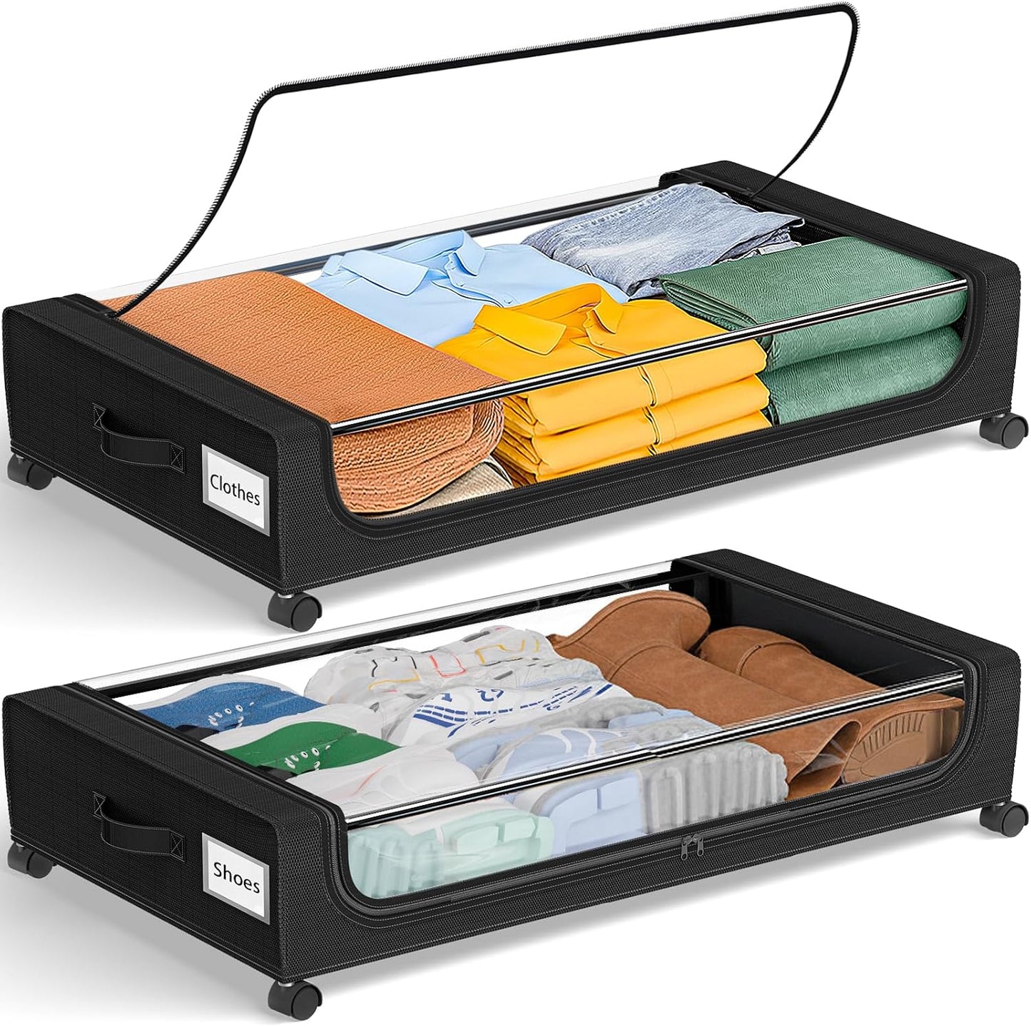 GoMaihe Under Bed Storage with Wheels: 48L Underbed Storage Containers with Lids - Rolling Bins for Shoes Clothes in Dorm Bedroom - Metal Drawers Easy Pull-out Grey 2-Pack