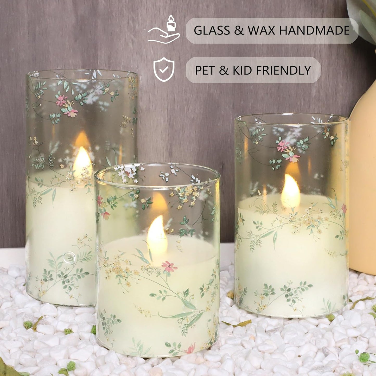 Glass Flameless Candles Flickering Battery Operated LED Pillar Candles Set of 3 with Timer and and 10-Key Remote Green Branch Floral Spring Summer Theme for Wedding Festival Home Decoration