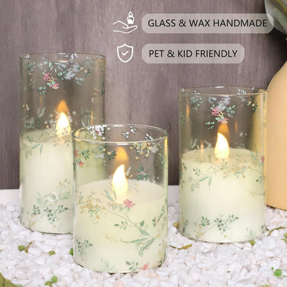Glass Flameless Candles Flickering Battery Operated LED Pillar Candles Set of 3 with Timer and and 10-Key Remote Green Branch Floral Spring Summer Theme for Wedding Festival Home Decoration