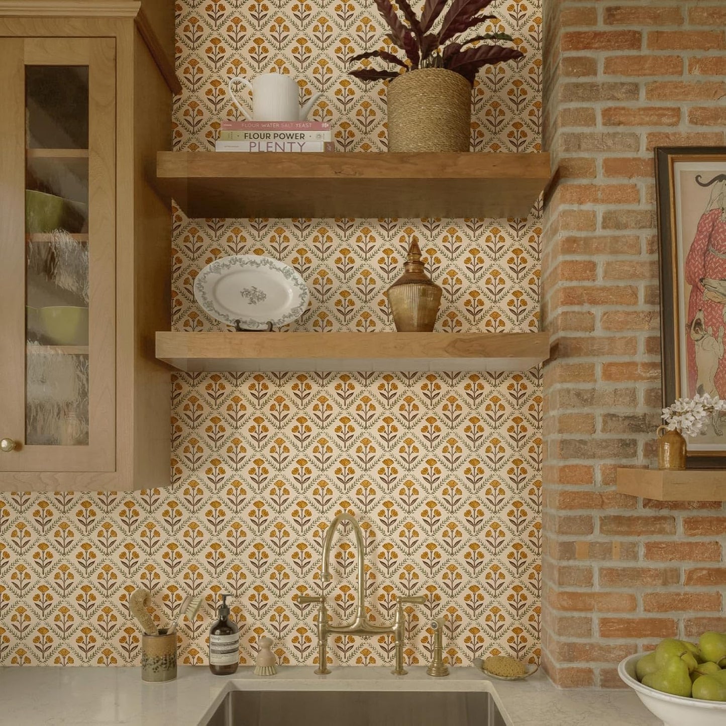 Dimoon 17.3''x78.7'' Peel and Stick Wallpaper Floral Cute Contact Paper Vintage Village Country Cottage Wallpaper Farmhouse Yellow Beige Renter Friendly Geometry Waterproof Embossed Kitchen Bedroom