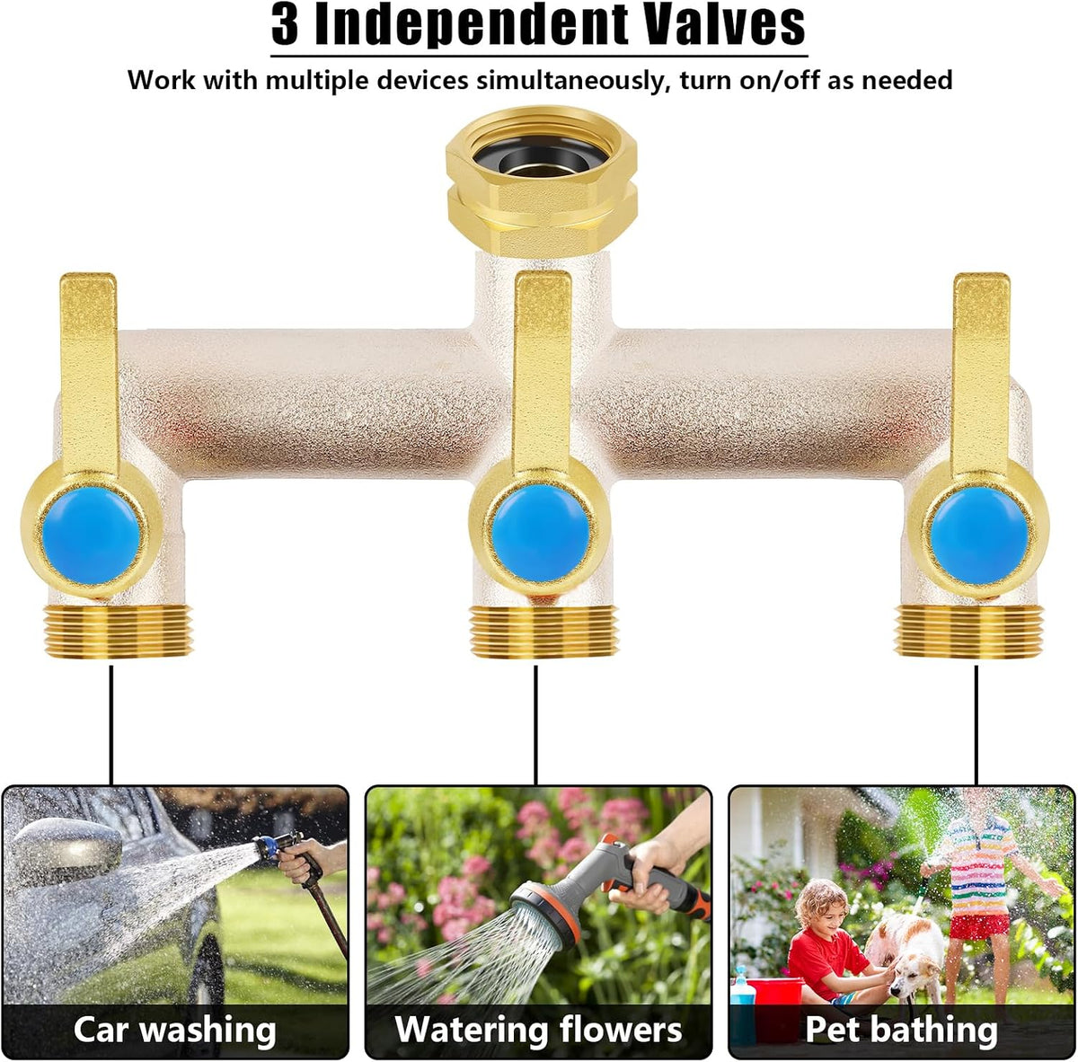 Upgraded Brass Garden Hose Splitter, 3/4" Hose Splitter 2 Way Heavy Duty with Extension Handles, Outdoor Faucet Splitter Water Spigot Splitter with Individual On/Off Valve
