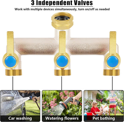 Upgraded Brass Garden Hose Splitter, 3/4" Hose Splitter 2 Way Heavy Duty with Extension Handles, Outdoor Faucet Splitter Water Spigot Splitter with Individual On/Off Valve