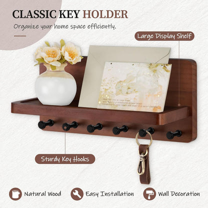 Nekon Key Holder for Wall with Shelf, Pine Wooden Key Hanger Wall Mounted, Farmhouse Wall Organizer for Home Entryway & Apartment (Standard, Wood)
