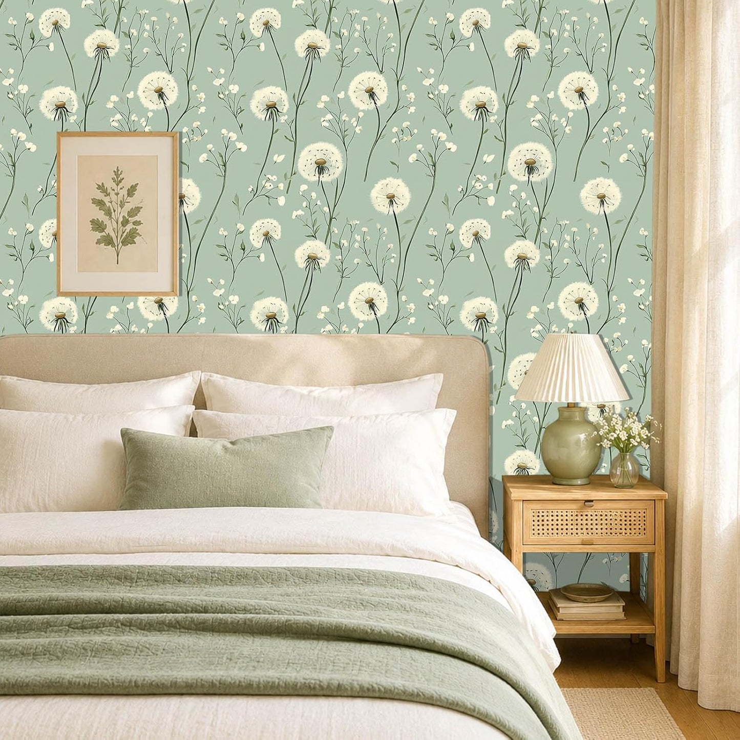 Dandelion Floral Peel and Stick Wallpaper Green Self Adhesive Removable Vinyl Wallpaper Botanical Floral Watercolor Boho Accent Wall for Bedroom Living Room Nursery 17.7" X 118"