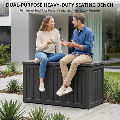 Outdoor Storage Box, 320 Gallon Waterproof Deck Box [Upgraded 3.0], Dual Gas-Spring Ultimate Resin Organizer for King Cushions, Heavy-Duty Lockable Estate Storage Bench, Backyard BBQ, Black