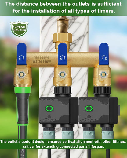 3 Way Hose Splitter, Heavy Duty Full Flow Garden Water Hose Bib Spigot Splitter, Brass Rust and Freeze Resistant Outdoor Faucet Splitter, T Adapter Connector with 3/4 - Inch GHT Thread （Green）